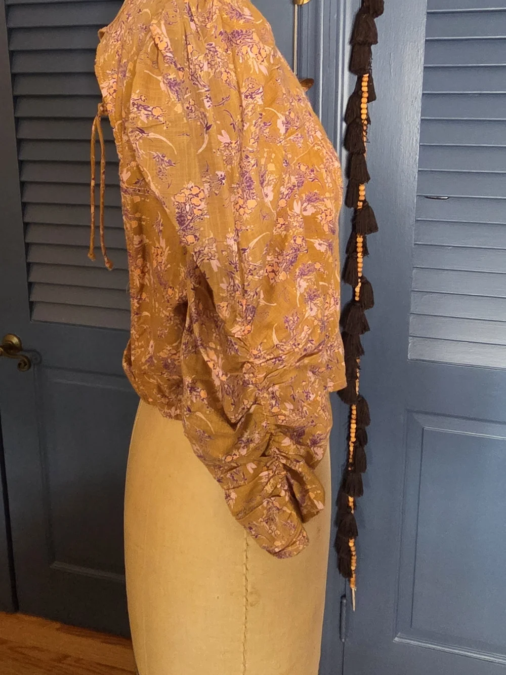 Free People Monica Puff Sleeve Crop Top Floral Gold Leaf L